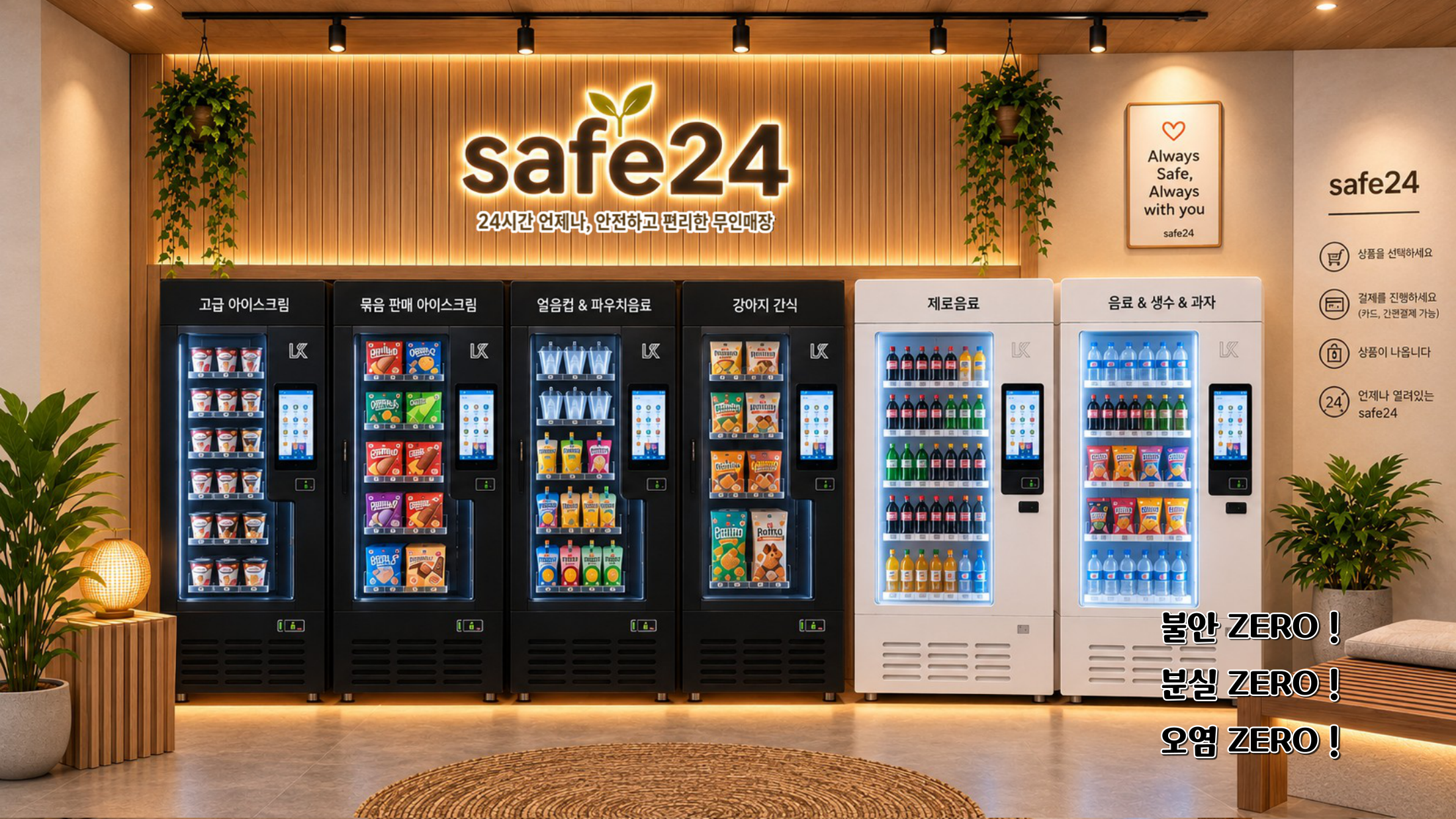 SAFE24 무인매장 내부 — 아이스크림·음료 자판기 쇼케이스